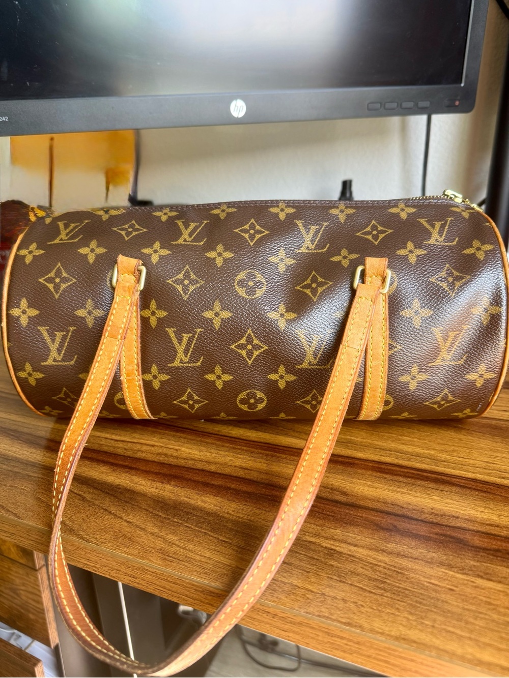 Louis Vuitton Brown Monogram Canvas Barrel Shoulder Bag with Tan Straps